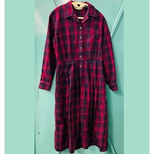 Eddie Bauer Dress Flannel Button Front Midi Long Sleeve Red Black Plaid